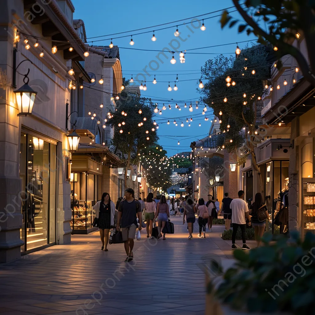 Outdoor shopping outlet decorated with twinkling lights at dusk. - Image 2