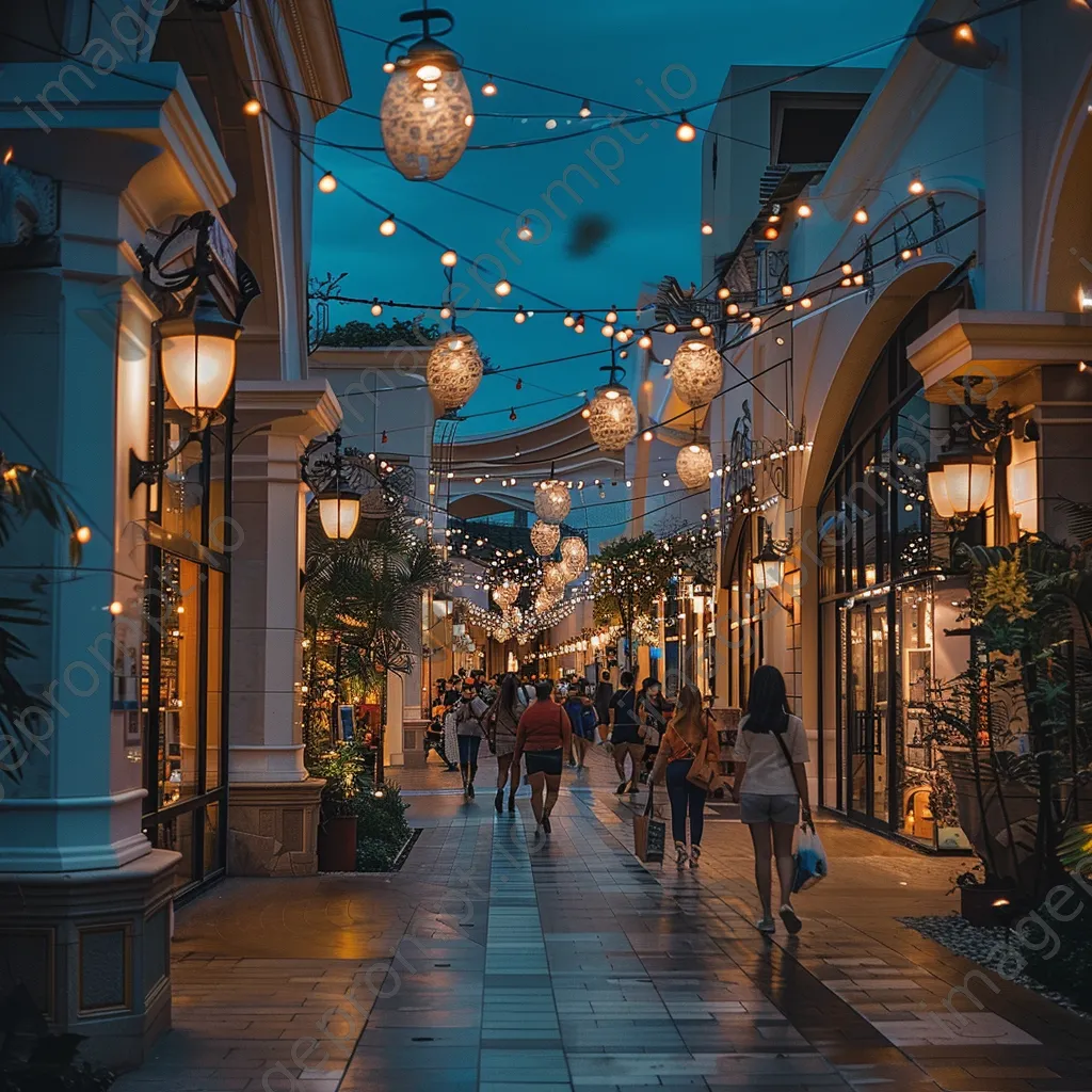 Outdoor shopping outlet decorated with twinkling lights at dusk. - Image 3