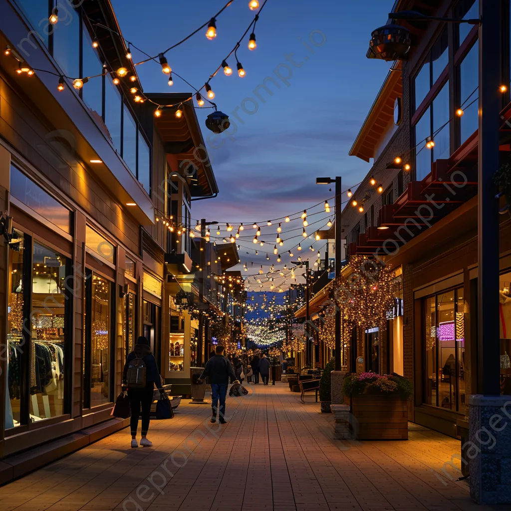 Outdoor shopping outlet decorated with twinkling lights at dusk. - Image 4