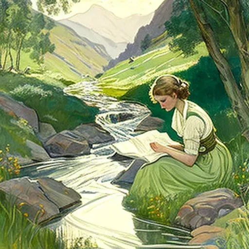 Woman drawing water from a stream in a green valley - Image 1