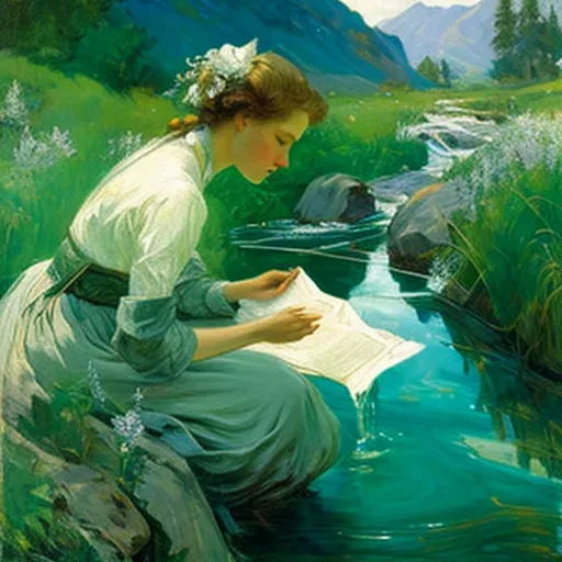 Woman drawing water from a stream in a green valley - Image 2