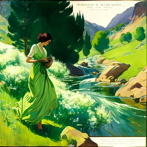 Woman drawing water from a stream in a green valley - Image 3