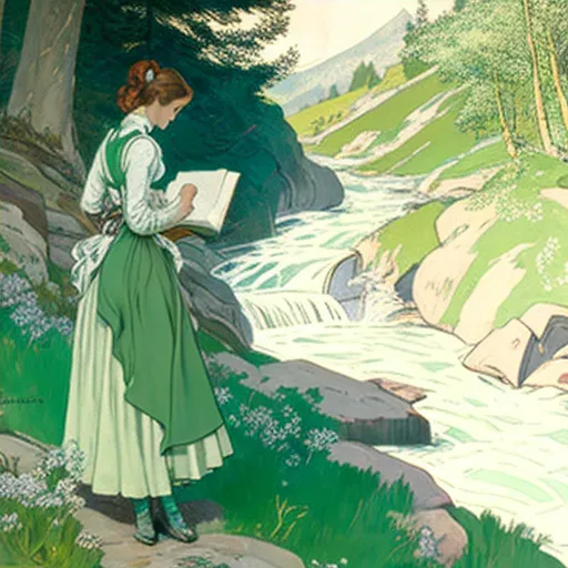 Woman drawing water from a stream in a green valley - Image 4