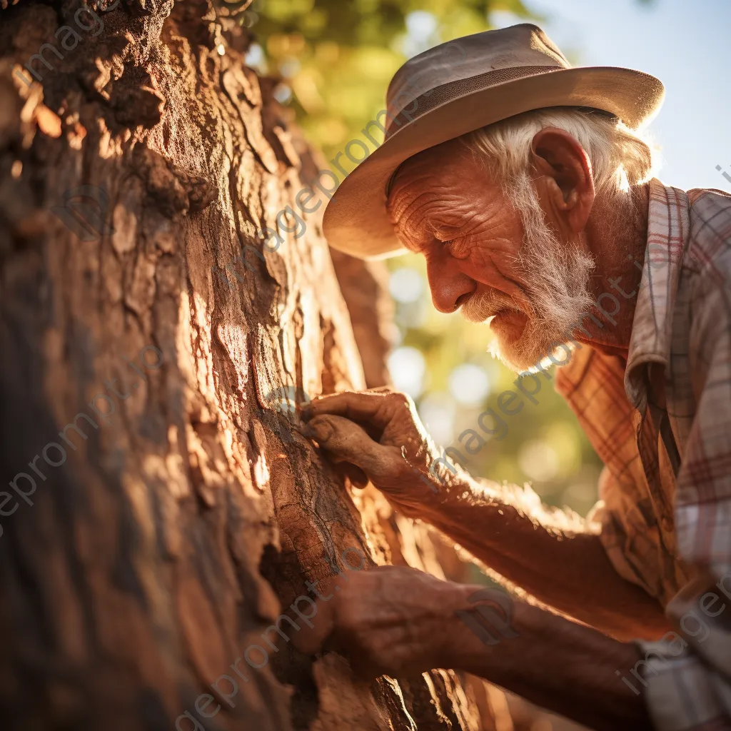 Artisan removing cork bark from a cork oak tree in sunlight - Image 1