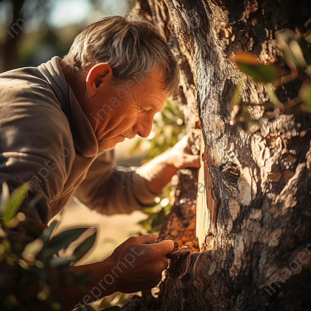 Artisan removing cork bark from a cork oak tree in sunlight - Image 2