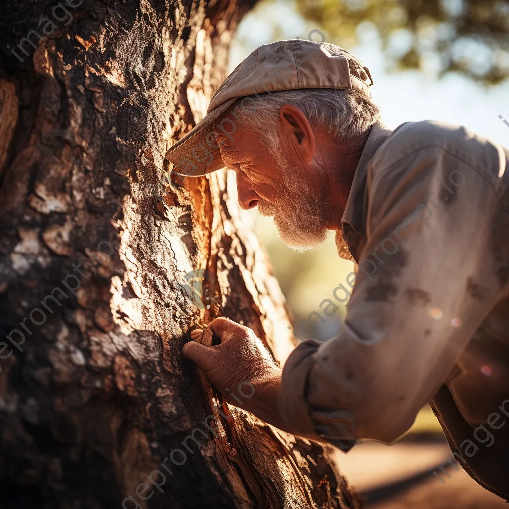 Artisan removing cork bark from a cork oak tree in sunlight - Image 3