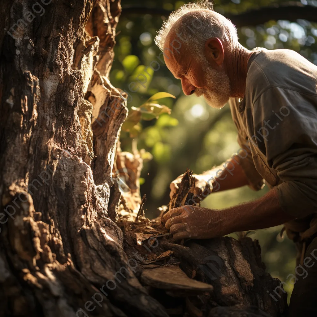 Artisan removing cork bark from a cork oak tree in sunlight - Image 4