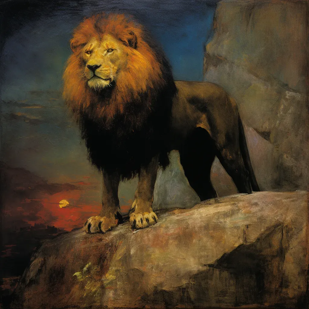 Image of a majestic lion standing on a rocky outcrop, symbolizing power - Image 1