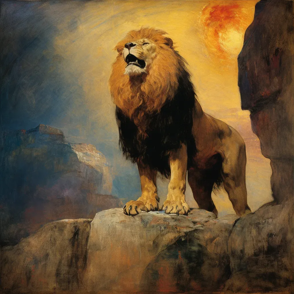 Image of a majestic lion standing on a rocky outcrop, symbolizing power - Image 3