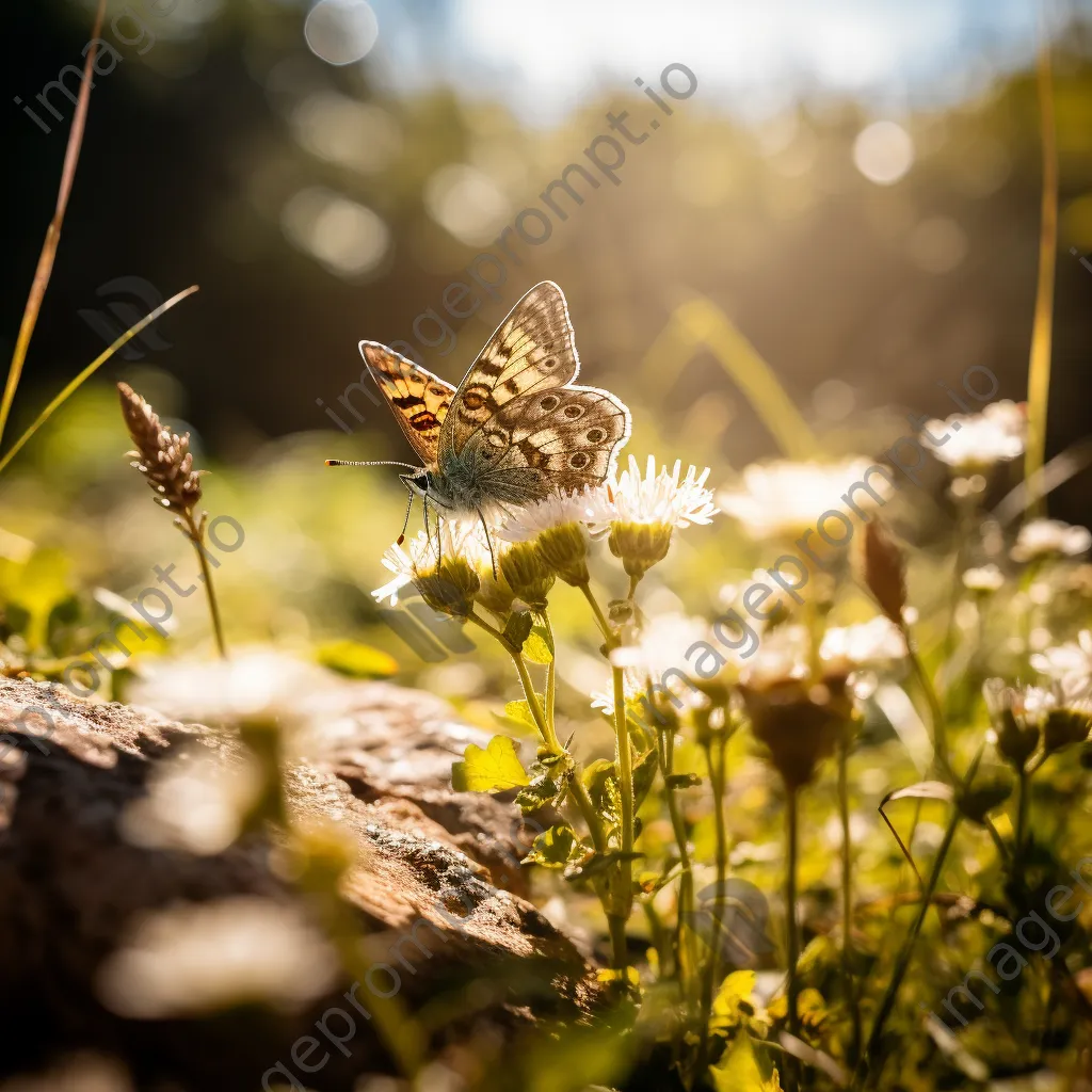 Close-up of a butterfly resting on a wildflower in an alpine meadow. - Image 1