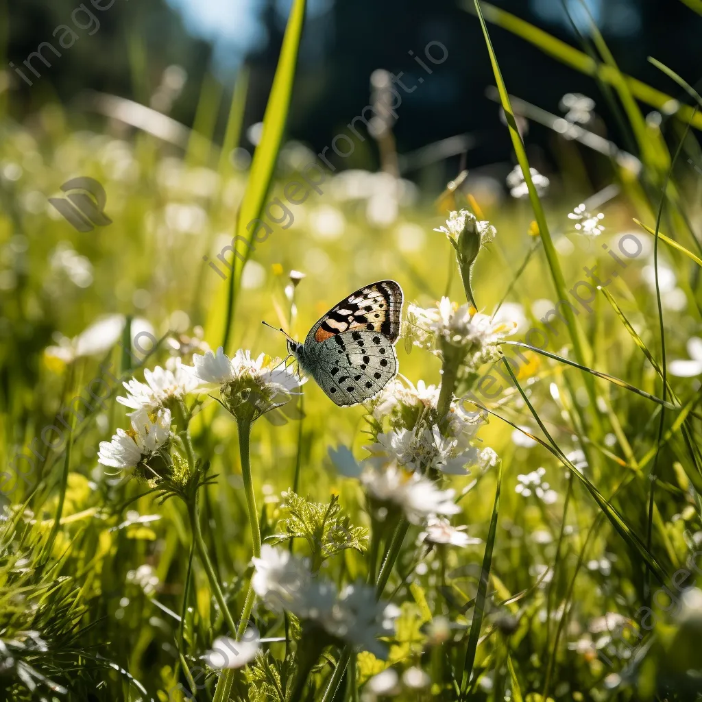 Close-up of a butterfly resting on a wildflower in an alpine meadow. - Image 2