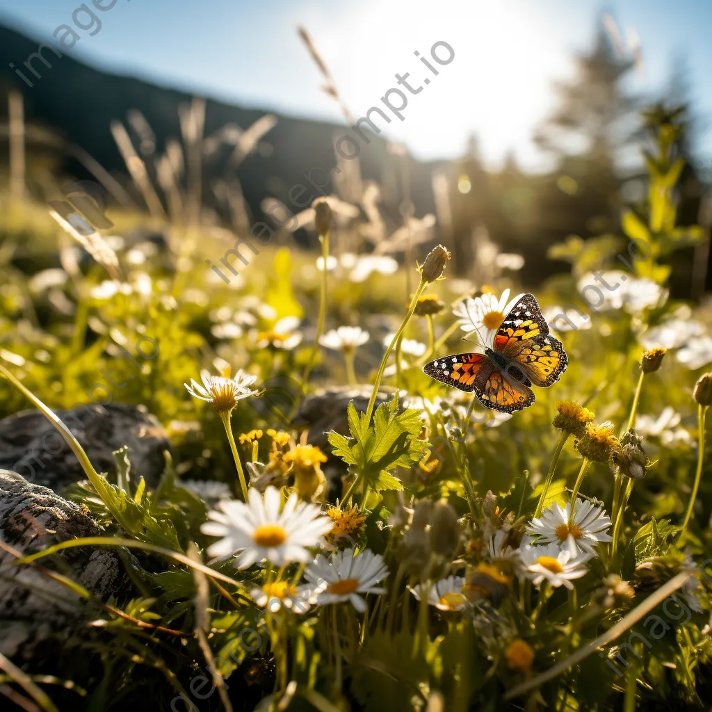 Close-up of a butterfly resting on a wildflower in an alpine meadow. - Image 4