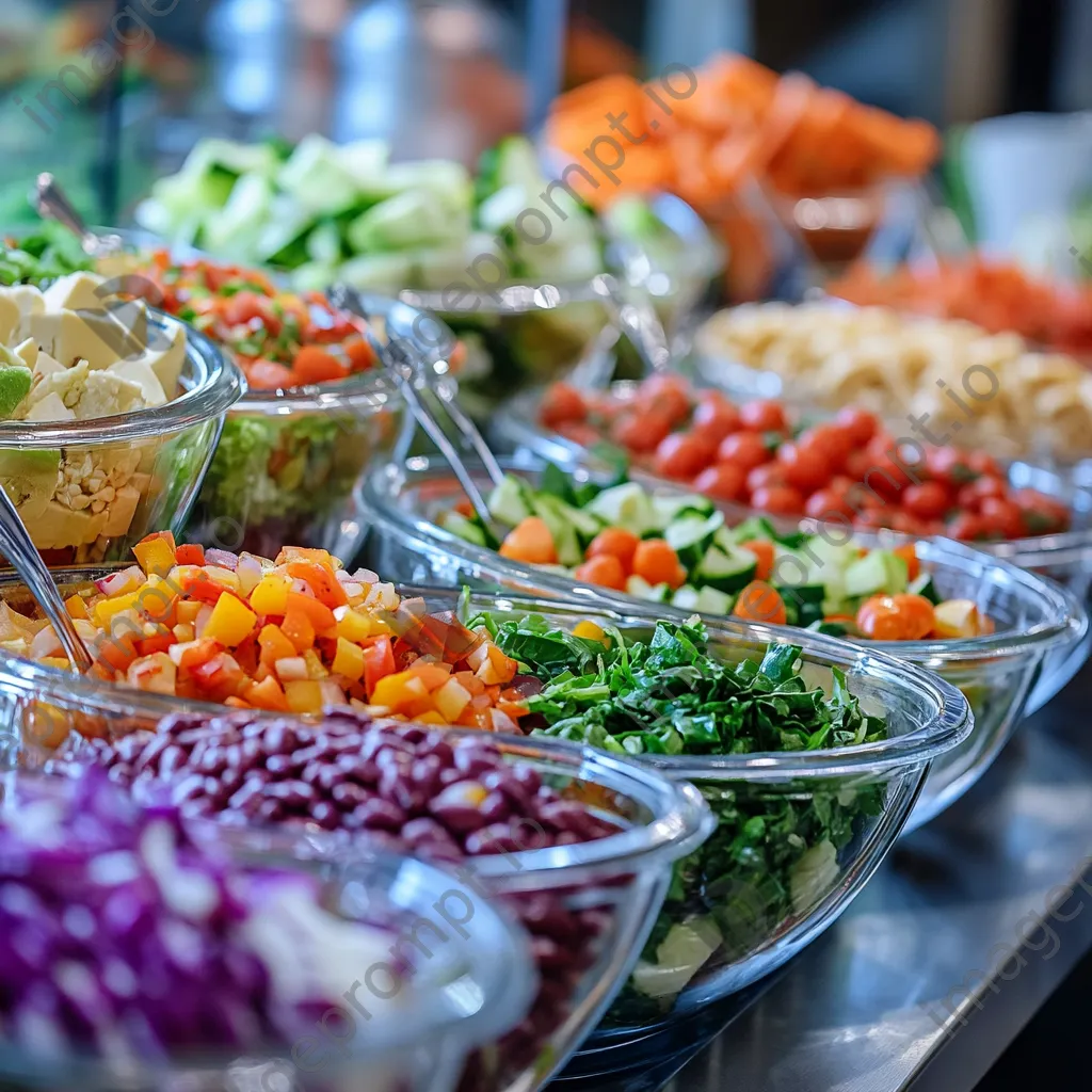 Close-up of a salad bar with fresh vegetables in glass bowls - Image 3