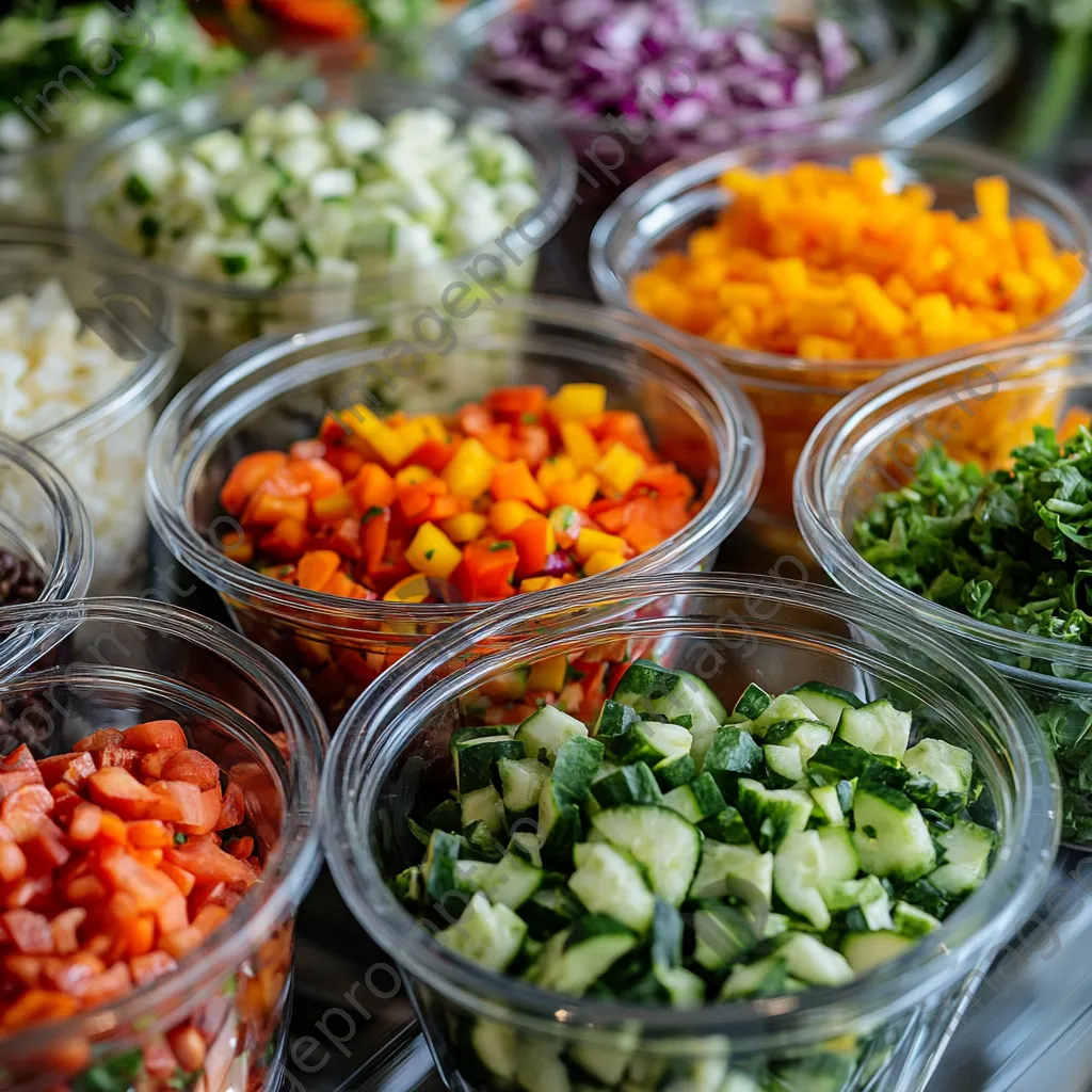 Close-up of a salad bar with fresh vegetables in glass bowls - Image 4