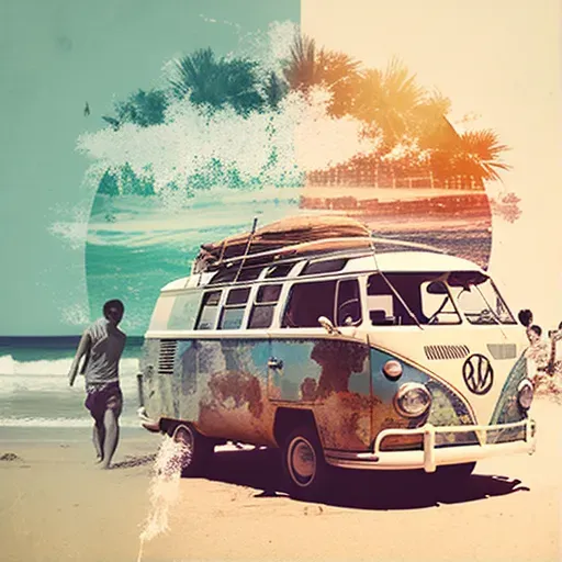 1960s beach scene with surfboards and VW van - Image 1