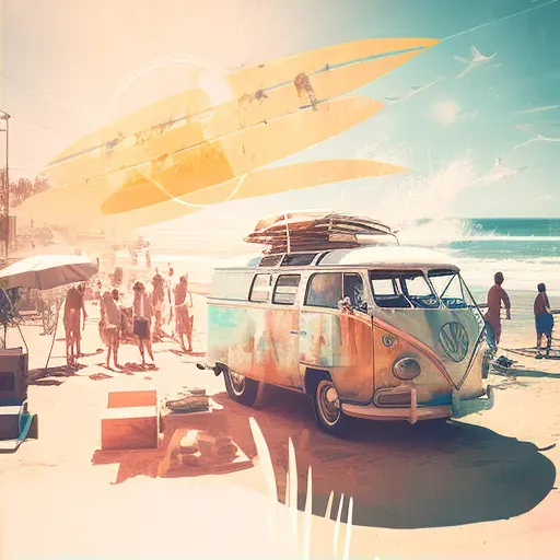 1960s beach scene with surfboards and VW van - Image 2