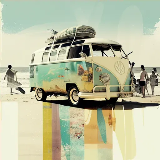 1960s beach scene with surfboards and VW van - Image 4