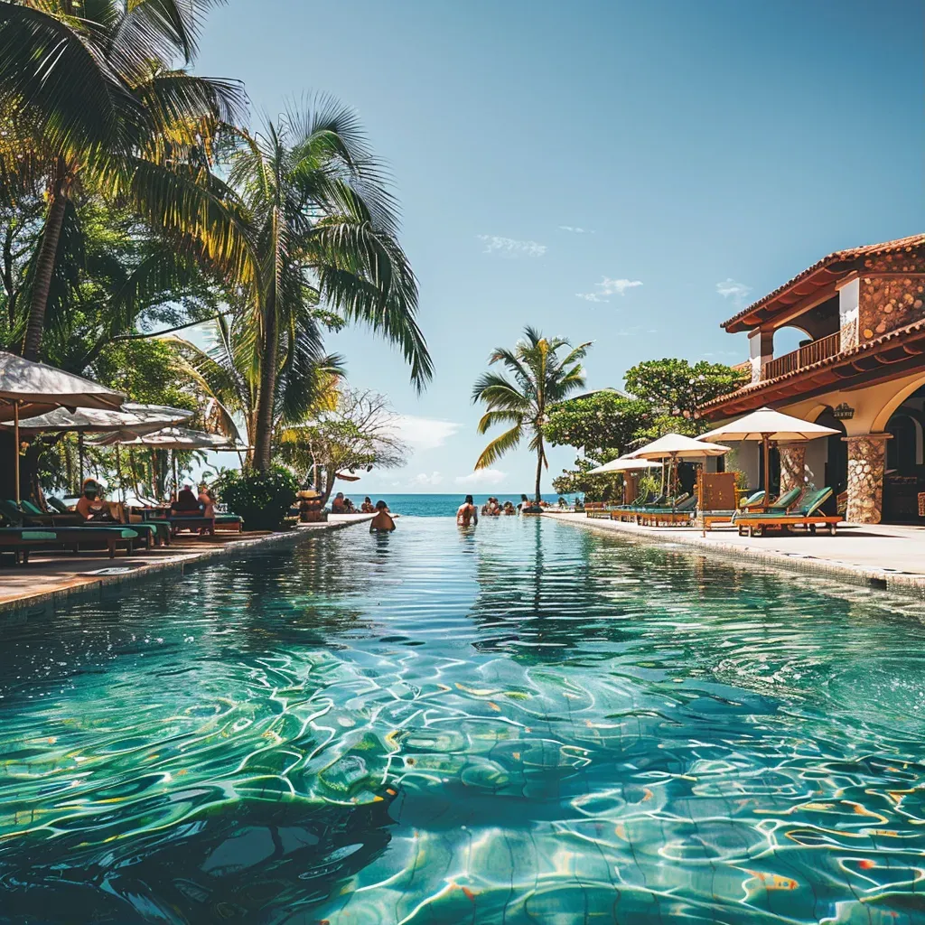 Luxury resort swimming pool with guests relaxing by the water - Image 1