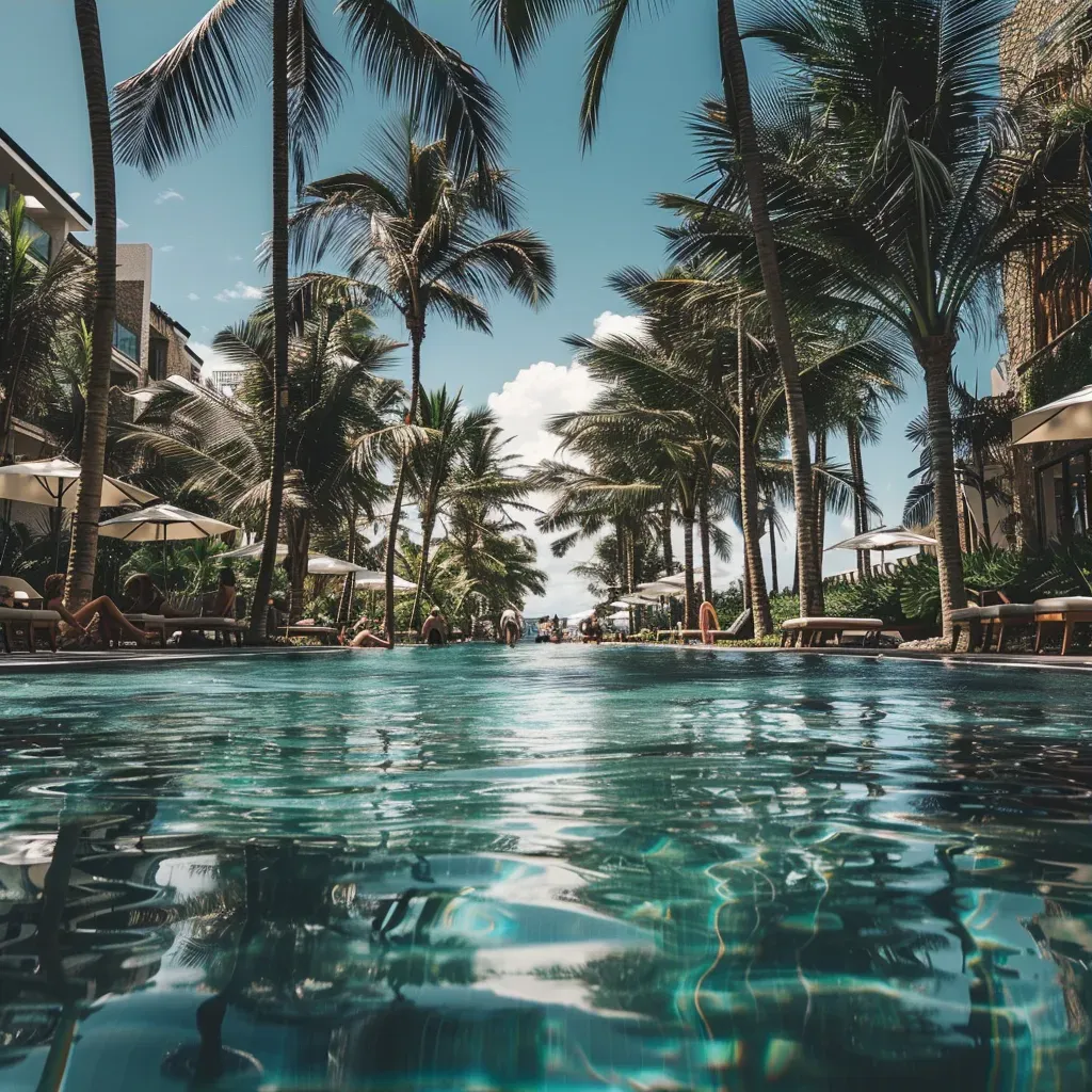 Luxury resort swimming pool with guests relaxing by the water - Image 3