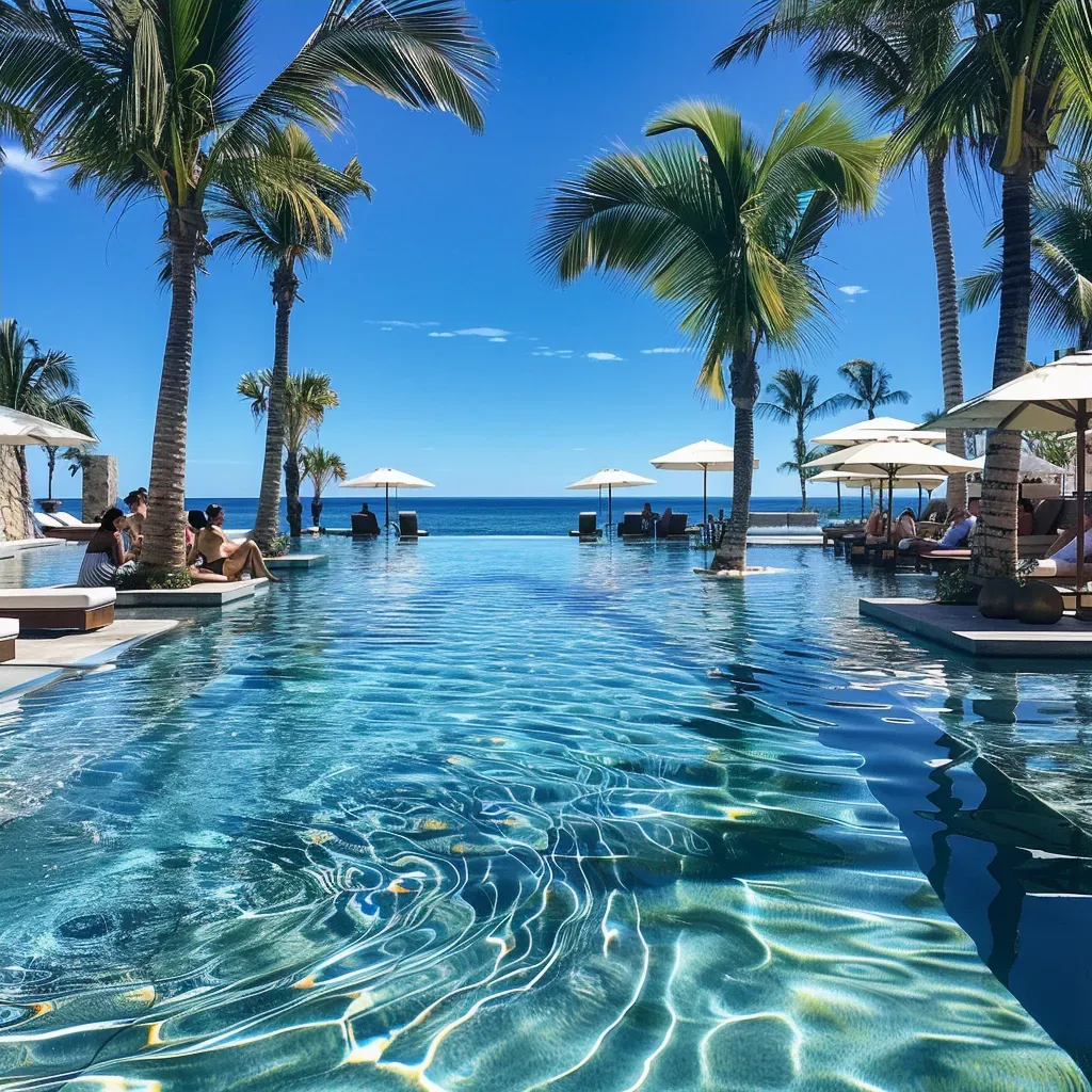 Luxury resort swimming pool with guests relaxing by the water - Image 4