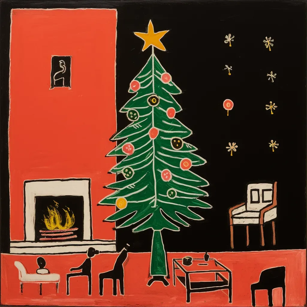 Classic Christmas scene with decorated tree, presents, and fireplace - Image 3