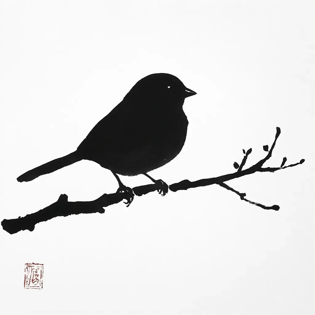 Minimalist inked silhouette of a sparrow on white paper emphasizing the economy of artistic strokes - Image 1