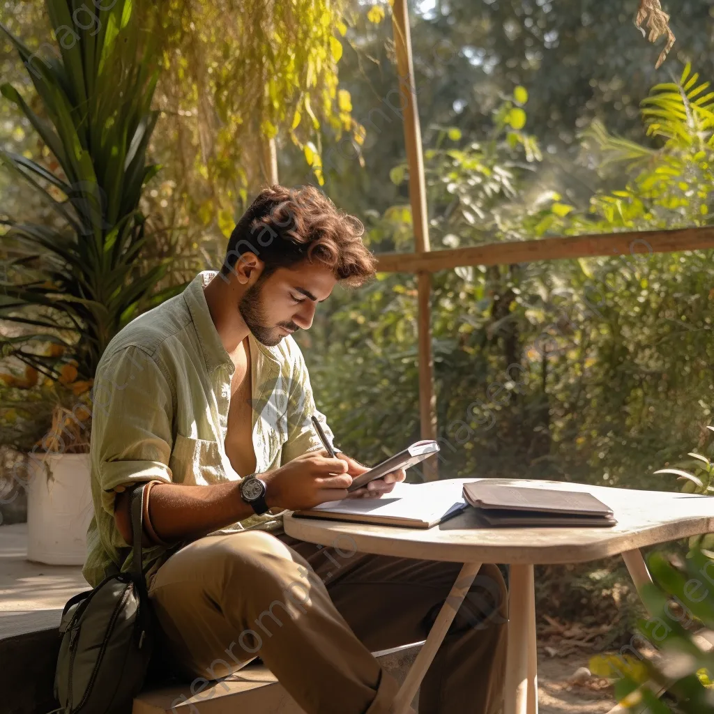 Student studying outside with a smartphone and notebook. - Image 1