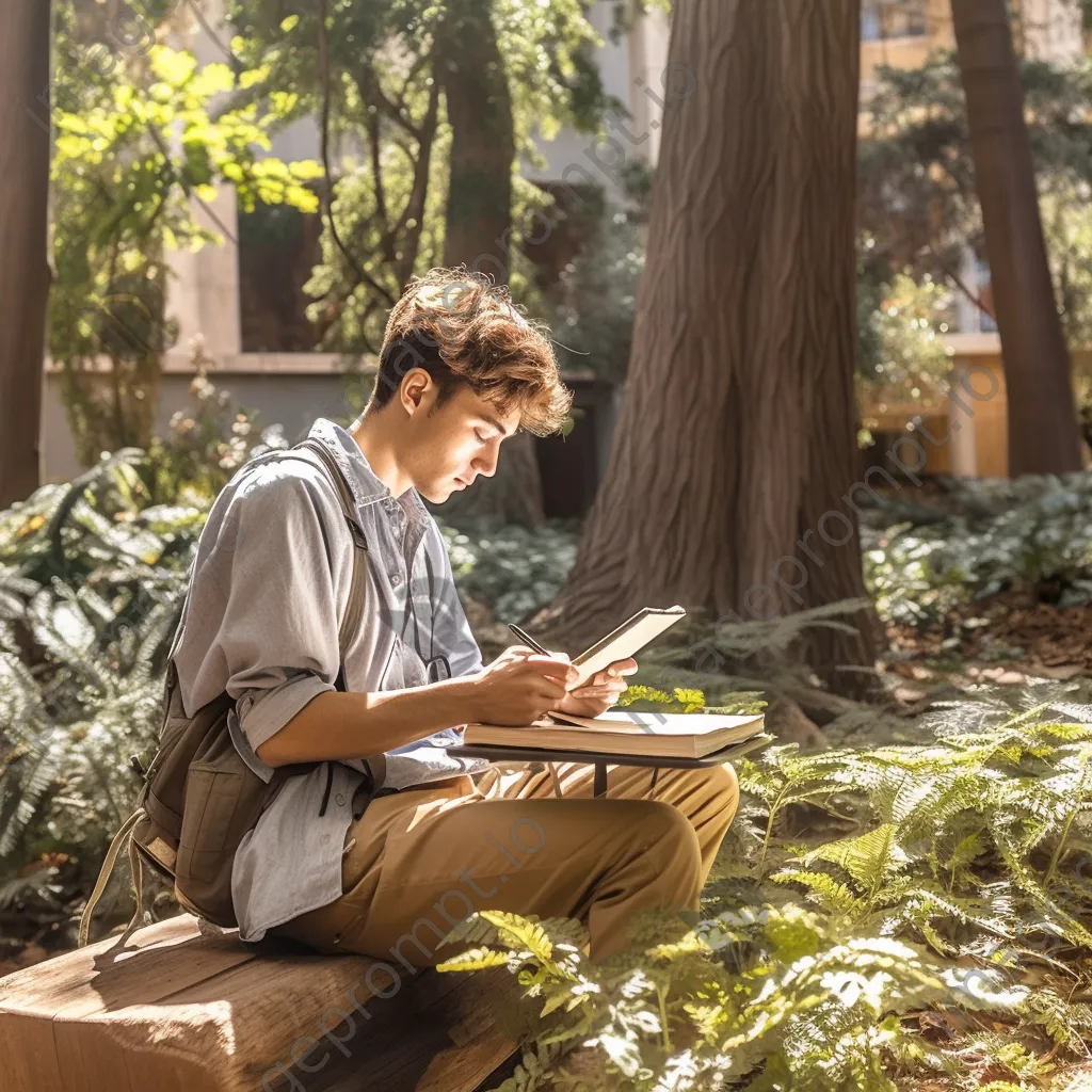 Student studying outside with a smartphone and notebook. - Image 4