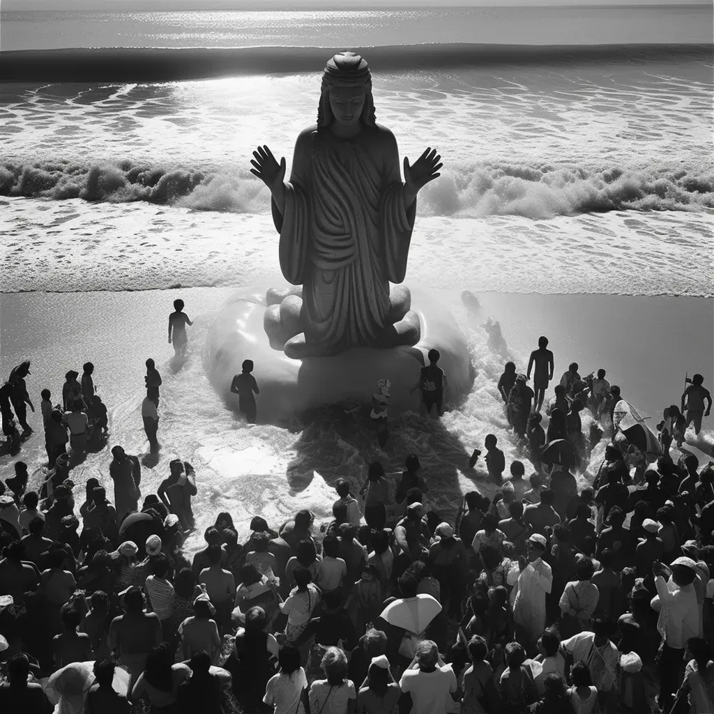 Ancient deity surfing on sunny beach - Image 1