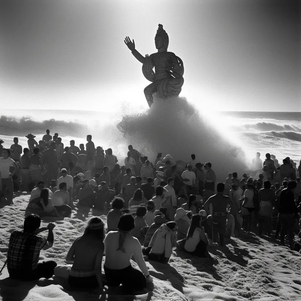 Ancient deity surfing on sunny beach - Image 2