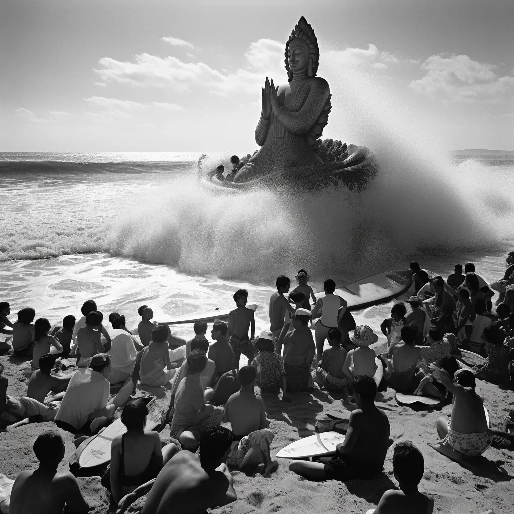 Ancient deity surfing on sunny beach - Image 3