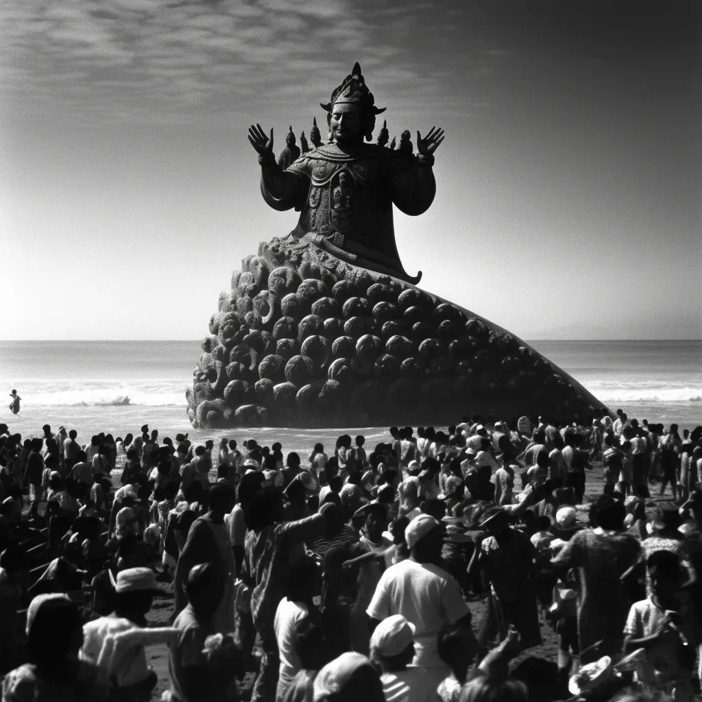 Ancient deity surfing on sunny beach - Image 4