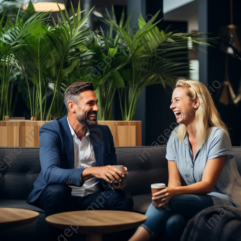 Two colleagues sharing laughter over coffee in a cozy breakout area - Image 2