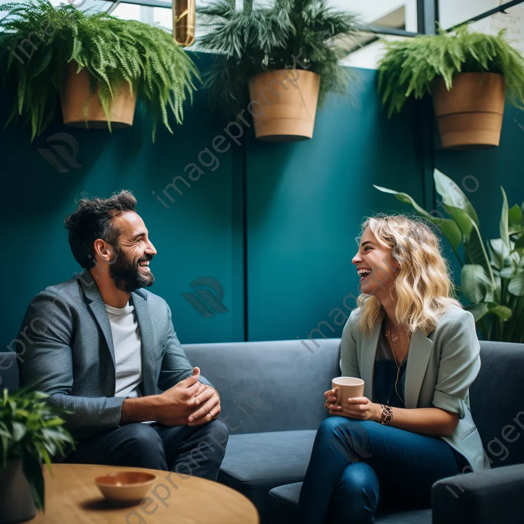 Two colleagues sharing laughter over coffee in a cozy breakout area - Image 3