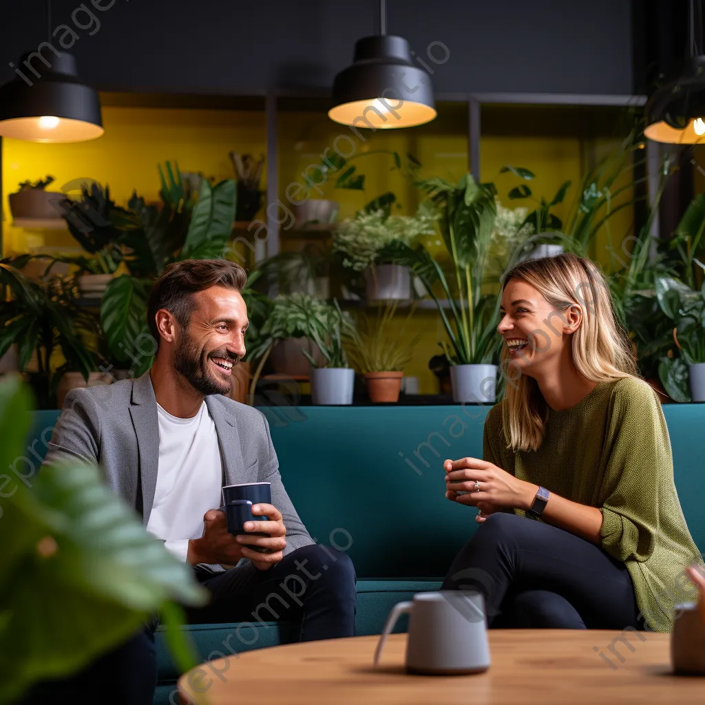 Two colleagues sharing laughter over coffee in a cozy breakout area - Image 4