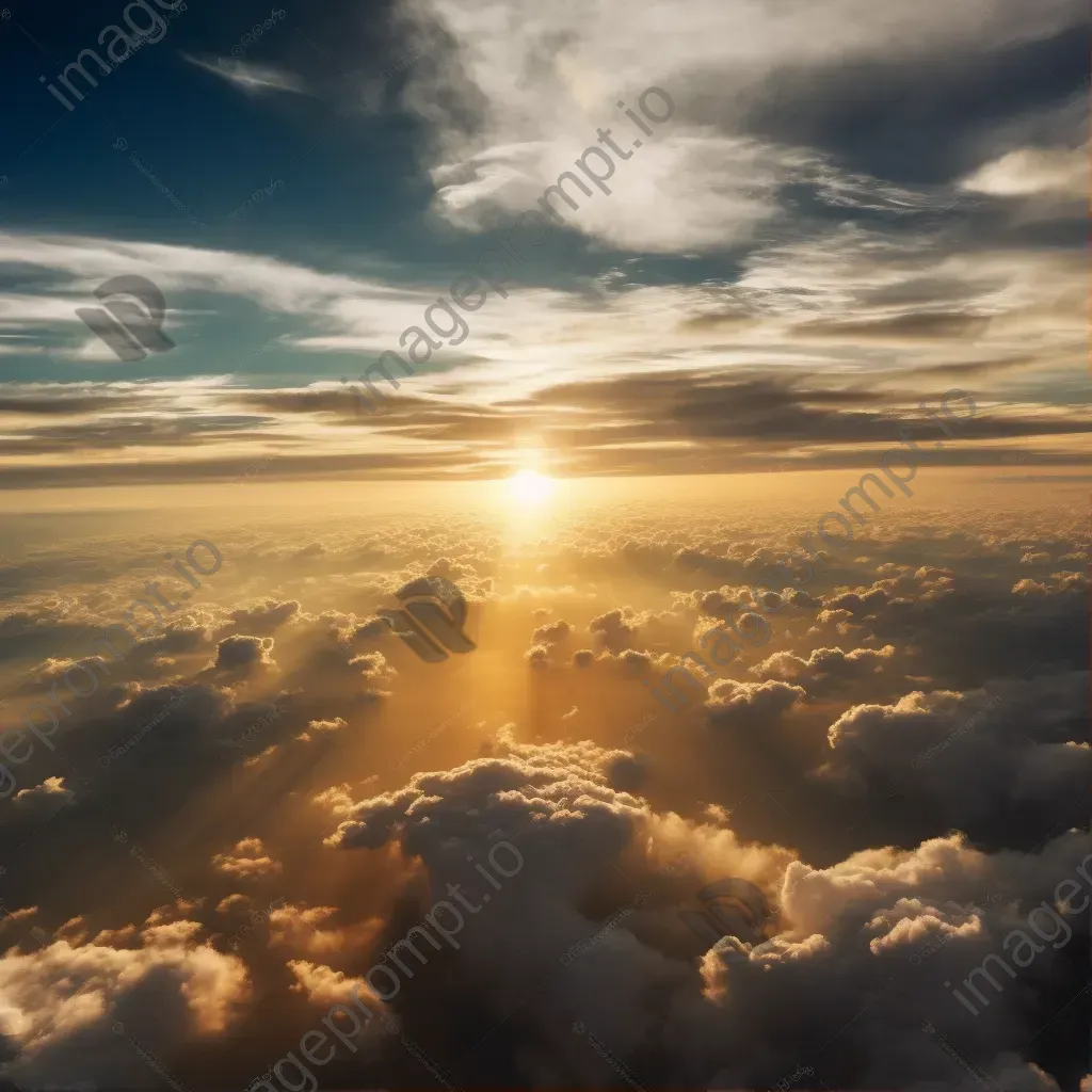 Golden sun setting over dramatic clouds seen from airplane window - Image 1