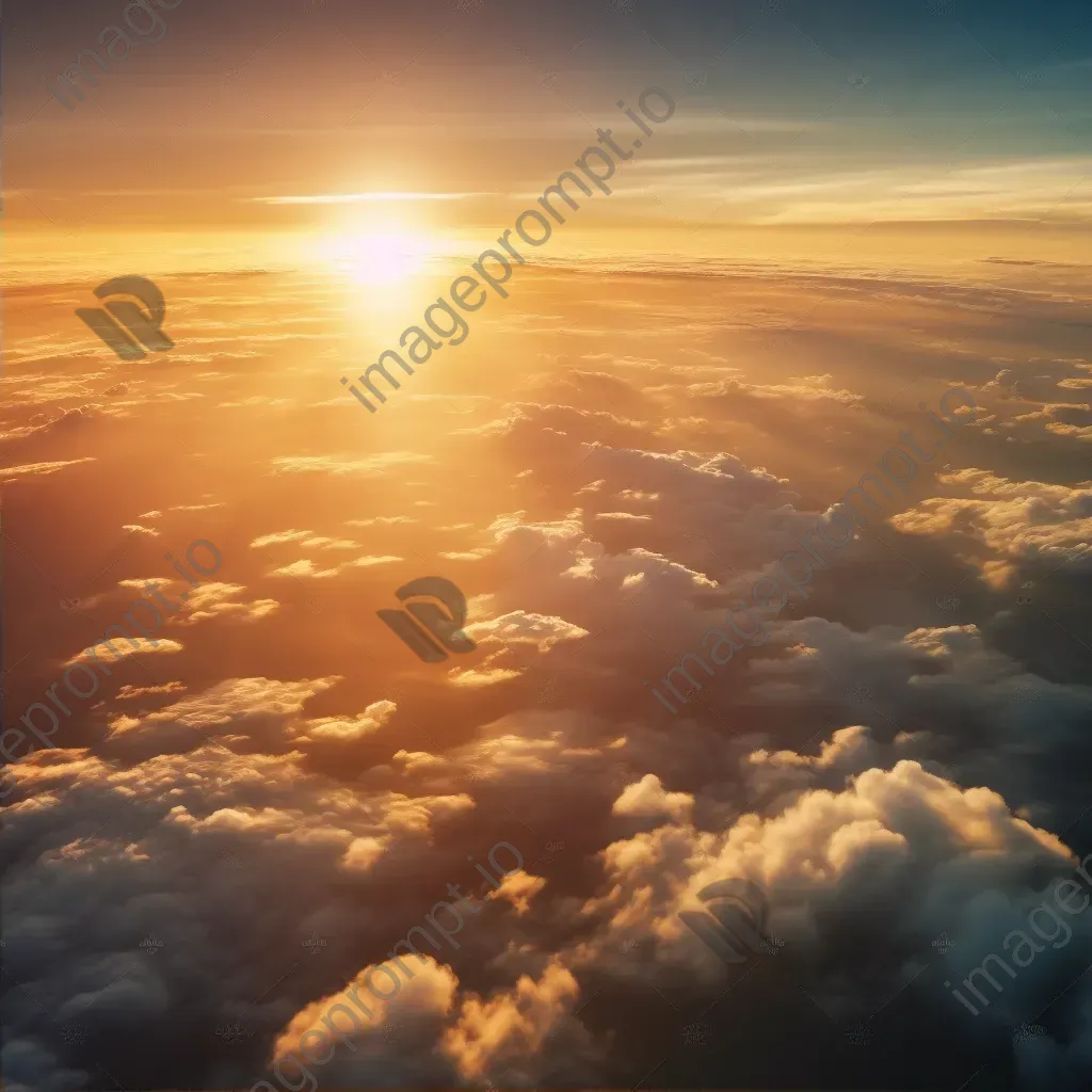 Golden sun setting over dramatic clouds seen from airplane window - Image 2