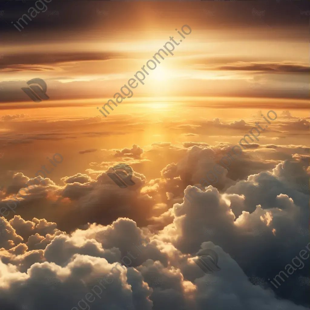 Golden sun setting over dramatic clouds seen from airplane window - Image 3