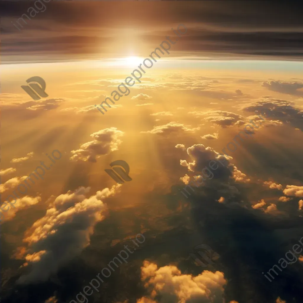 Golden sun setting over dramatic clouds seen from airplane window - Image 4