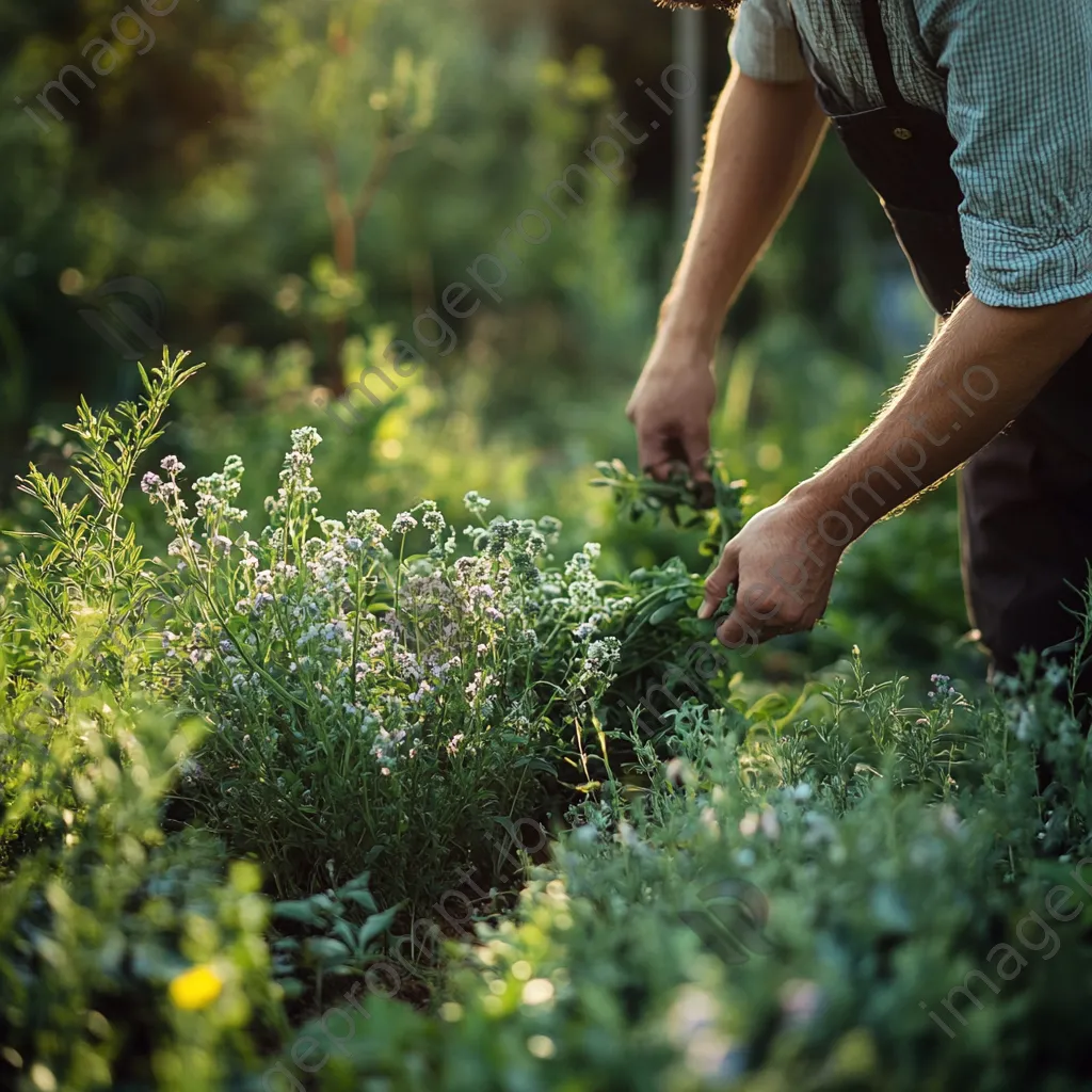 Gardener tending to traditional herb patch filled with plants - Image 2