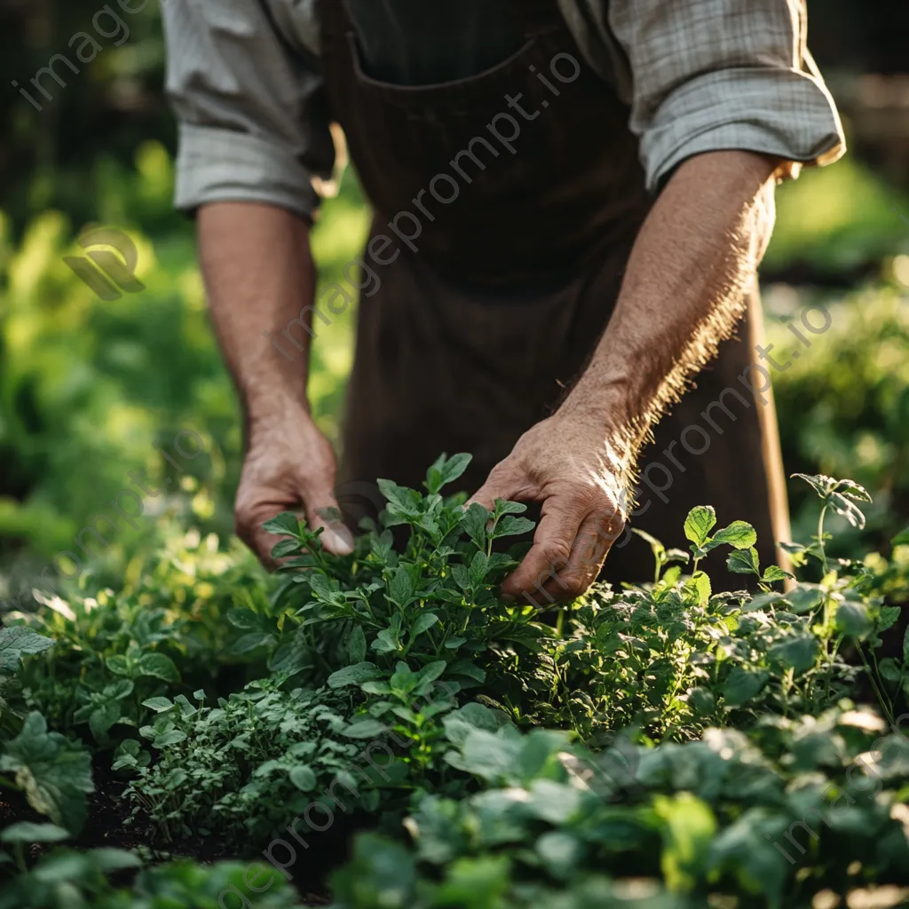 Gardener tending to traditional herb patch filled with plants - Image 4