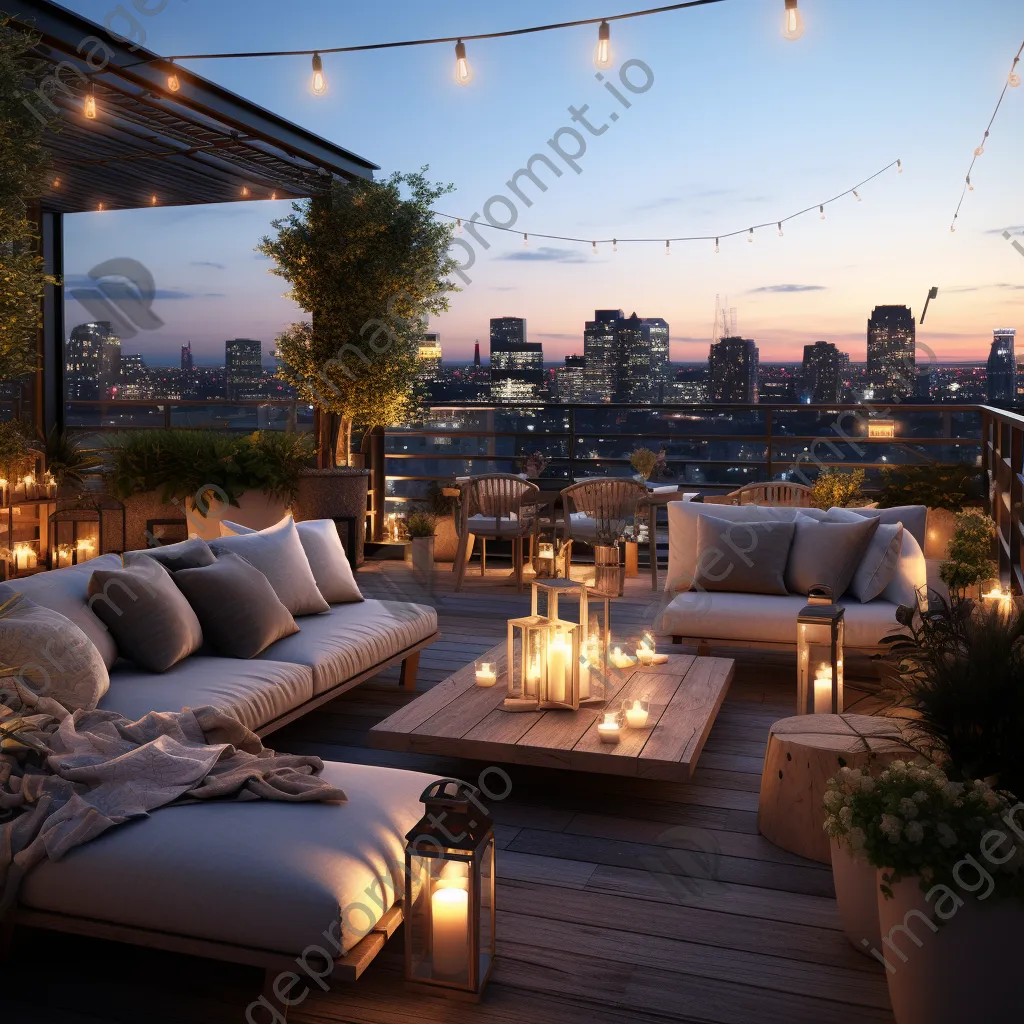 Rooftop lounge space with city skyline at dusk - Image 1