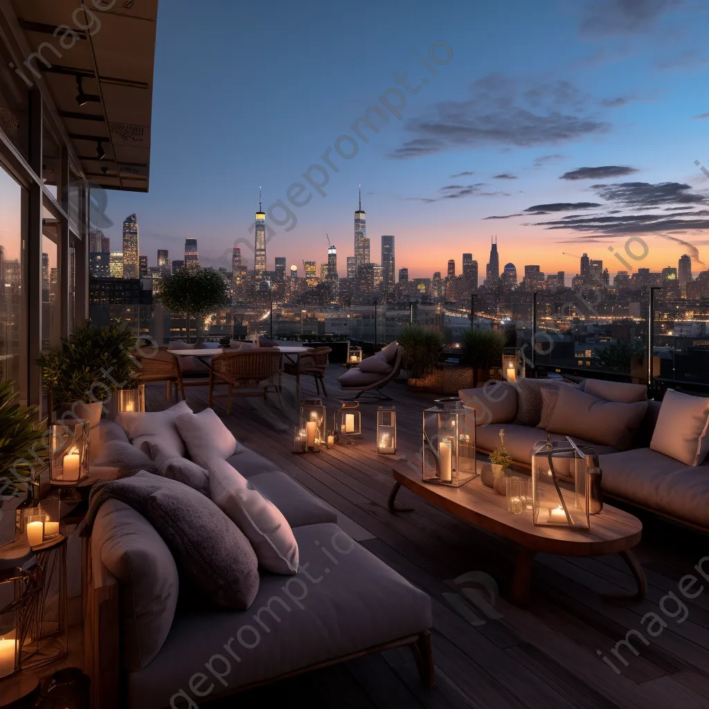 Rooftop lounge space with city skyline at dusk - Image 2