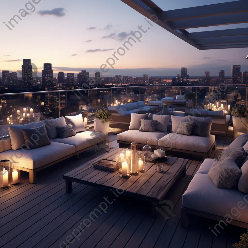 Rooftop lounge space with city skyline at dusk - Image 3