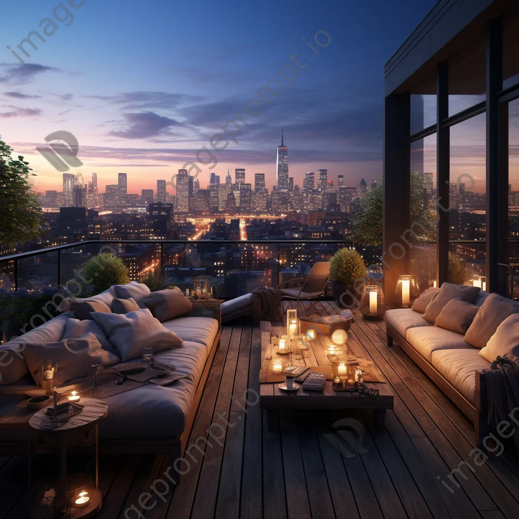 Rooftop lounge space with city skyline at dusk - Image 4