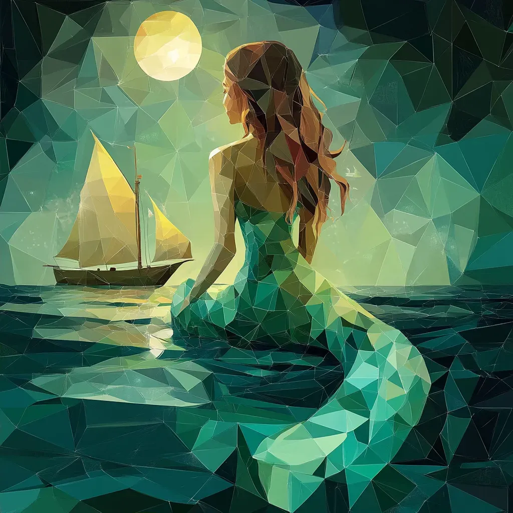 Low poly depiction of a mermaid enchanting sailors with her song in soothing sea hues - Image 2