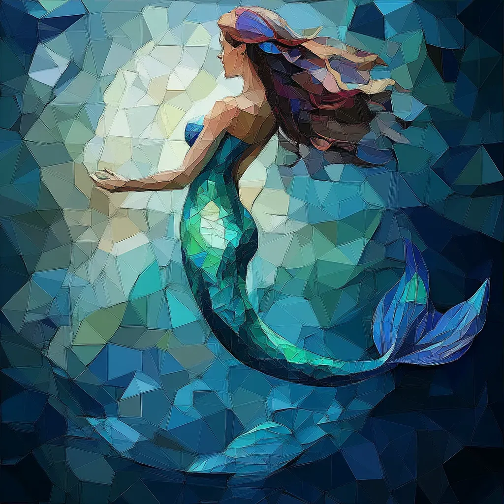 Low poly depiction of a mermaid enchanting sailors with her song in soothing sea hues - Image 3