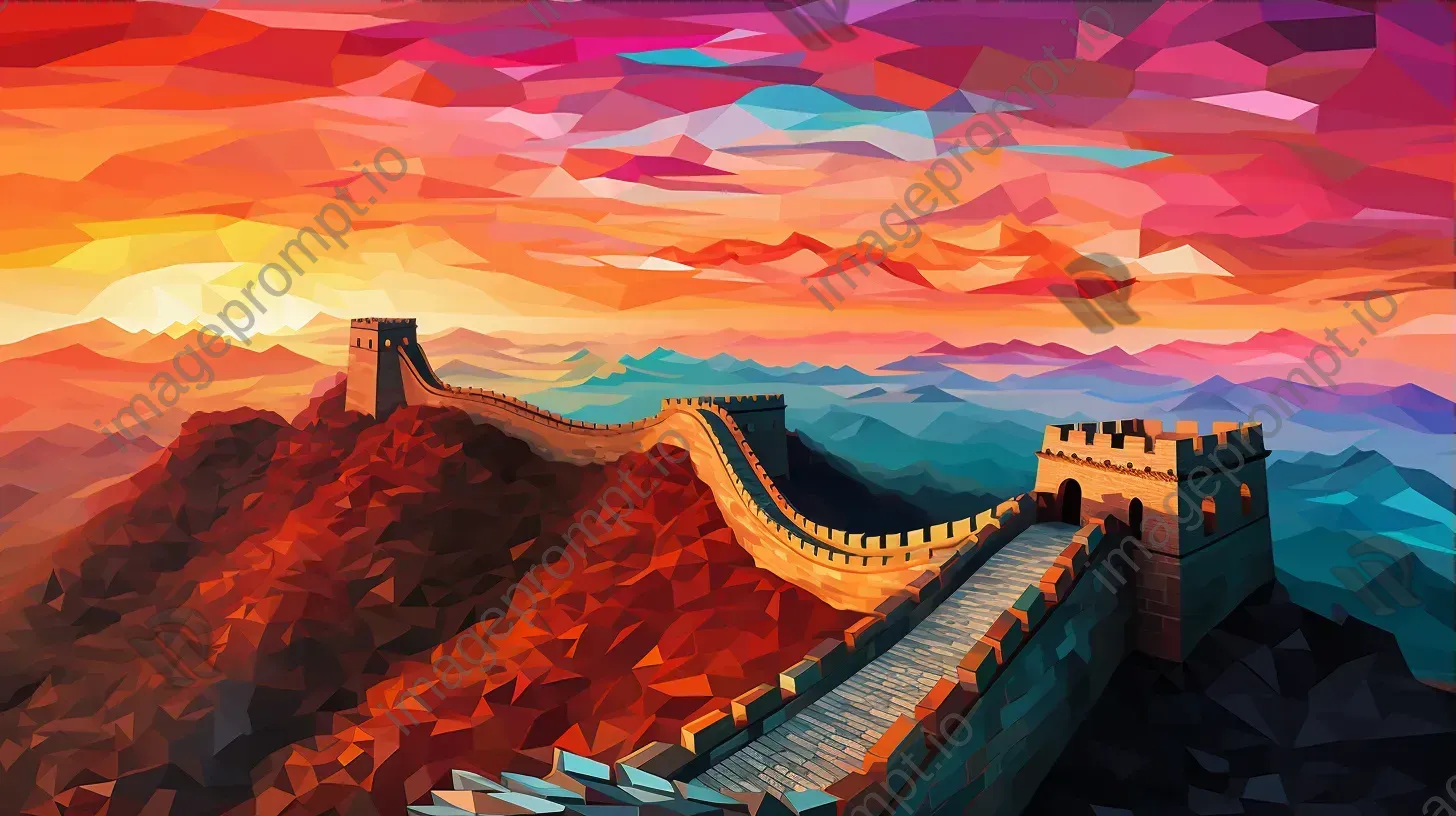 Sunset over the Great Wall of China in a low poly Cubist style - Image 3