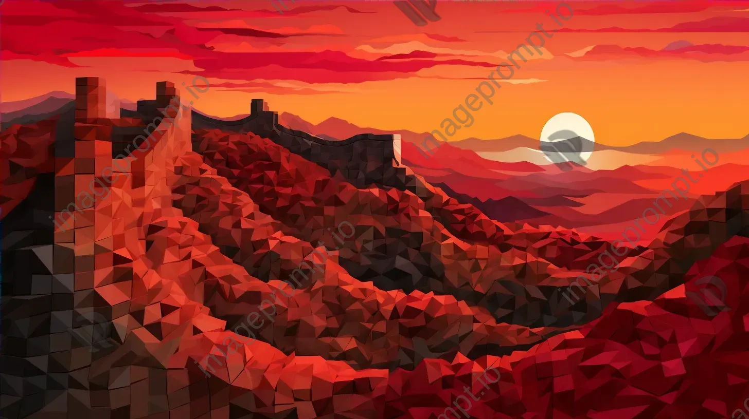 Sunset over the Great Wall of China in a low poly Cubist style - Image 4