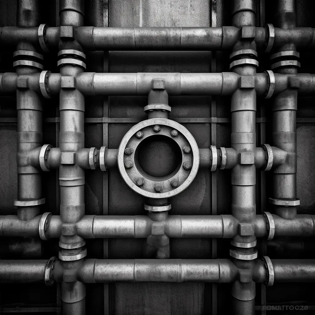 Industrial metal pipes forming geometric pattern in monochromatic tones - Image 2